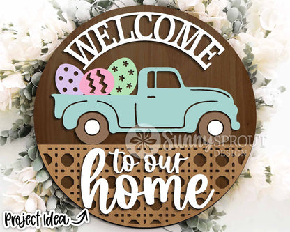 Welcome To Our Home Egg Truck Sign, Digital download, SVG laser cut file, Cricut, Round door hanger design, Farmhouse Easter decor