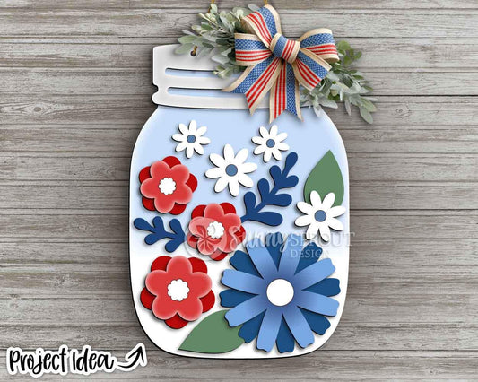 Patriotic Flower Mason Jar Sign, Digital Download, SVG Laser Cut File, Cricut, Door Hanger Design, 4th of July Decor