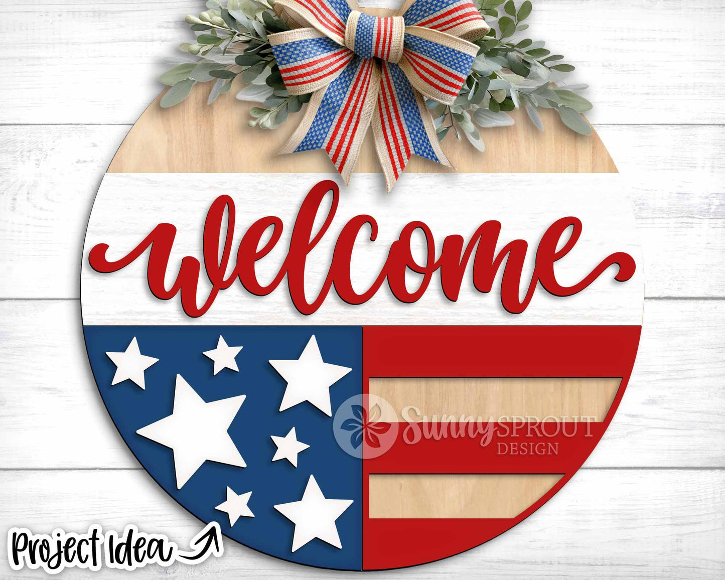 Welcome American Flag Star Sign, Digital Download, SVG Laser Cut File, Cricut, Round Door Hanger Design, Patriotic 4th of July Decor