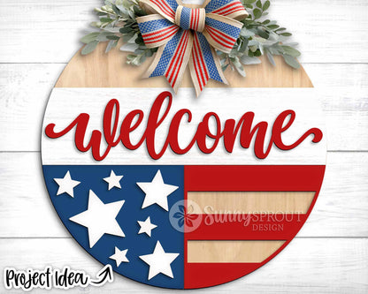 Welcome American Flag Star Sign, Digital Download, SVG Laser Cut File, Cricut, Round Door Hanger Design, Patriotic 4th of July Decor