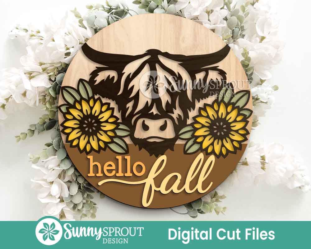 Hello Fall Highland Cow Sunflower Sign, Digital Download, SVG Laser Cut File, Cricut, Round Fall Door Hanger Design, Farm Decor