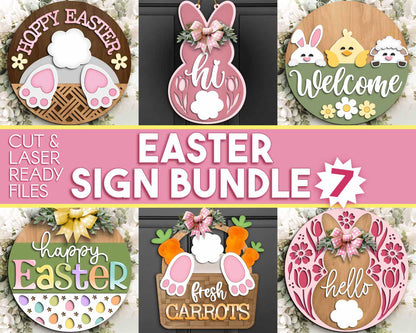 Easter Sign Bundle 7, Round door hanger svg, Glowforge laser file, Cricut cut file, Spring welcome sign svg, Easter bunny