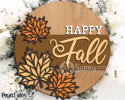 Happy Fall Maple Leaves Sign, Digital Download, SVG Laser Cut File, Cricut, Round Fall Door Hanger Design