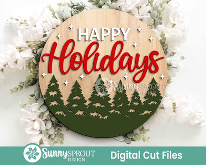 Happy Holidays Snowy Pine Trees Sign, Digital Download, SVG Laser Cut File, Cricut, Round Door Hanger Design, Christmas Decor