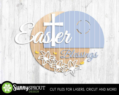 Easter Blessings Cross Lily Sign, Digital download, SVG laser cut file, Cricut, Round door hanger design, Christian Easter decor