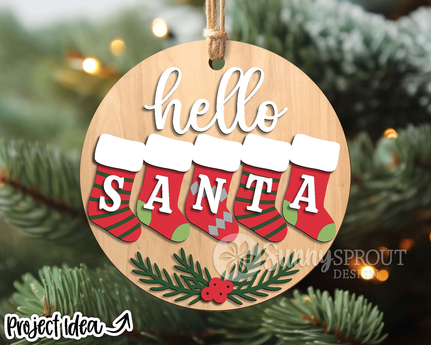 Hello Santa Stockings Sign, Digital Download, SVG Laser Cut File, Cricut, Round Door Hanger Design, Christmas Decor