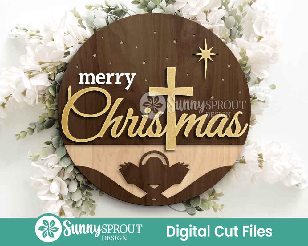 Merry Christmas Cross Jesus Sign, Digital Download, SVG Laser Cut File, Cricut, Round Door Hanger Design, Christian Nativity Decor