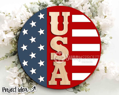 USA American Flag Sign, Digital Download, SVG Laser Cut File, Cricut, Round Welcome Door Hanger Design, Patriotic 4th of July Decor