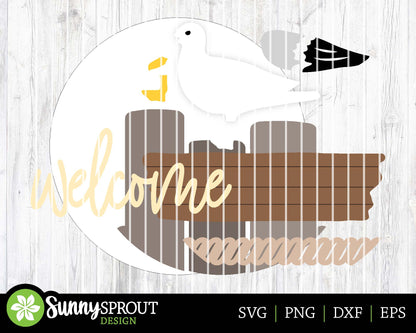 Welcome Seagull Driftwood Sign, Digital download, SVG Laser cut file, Cricut, Round door hanger design, Ocean coastal beach decor