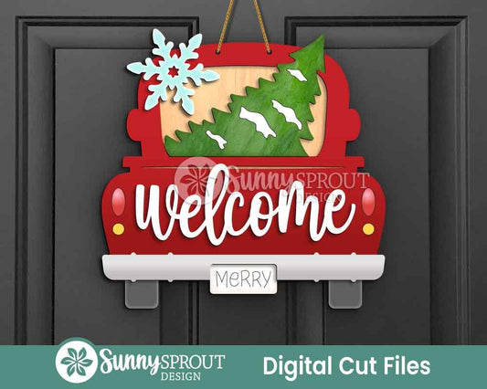Welcome Christmas Tree Old Truck Sign, Digital Download, SVG Laser Cut File, Cricut, Door Hanger Design, Farmhouse Christmas Decor