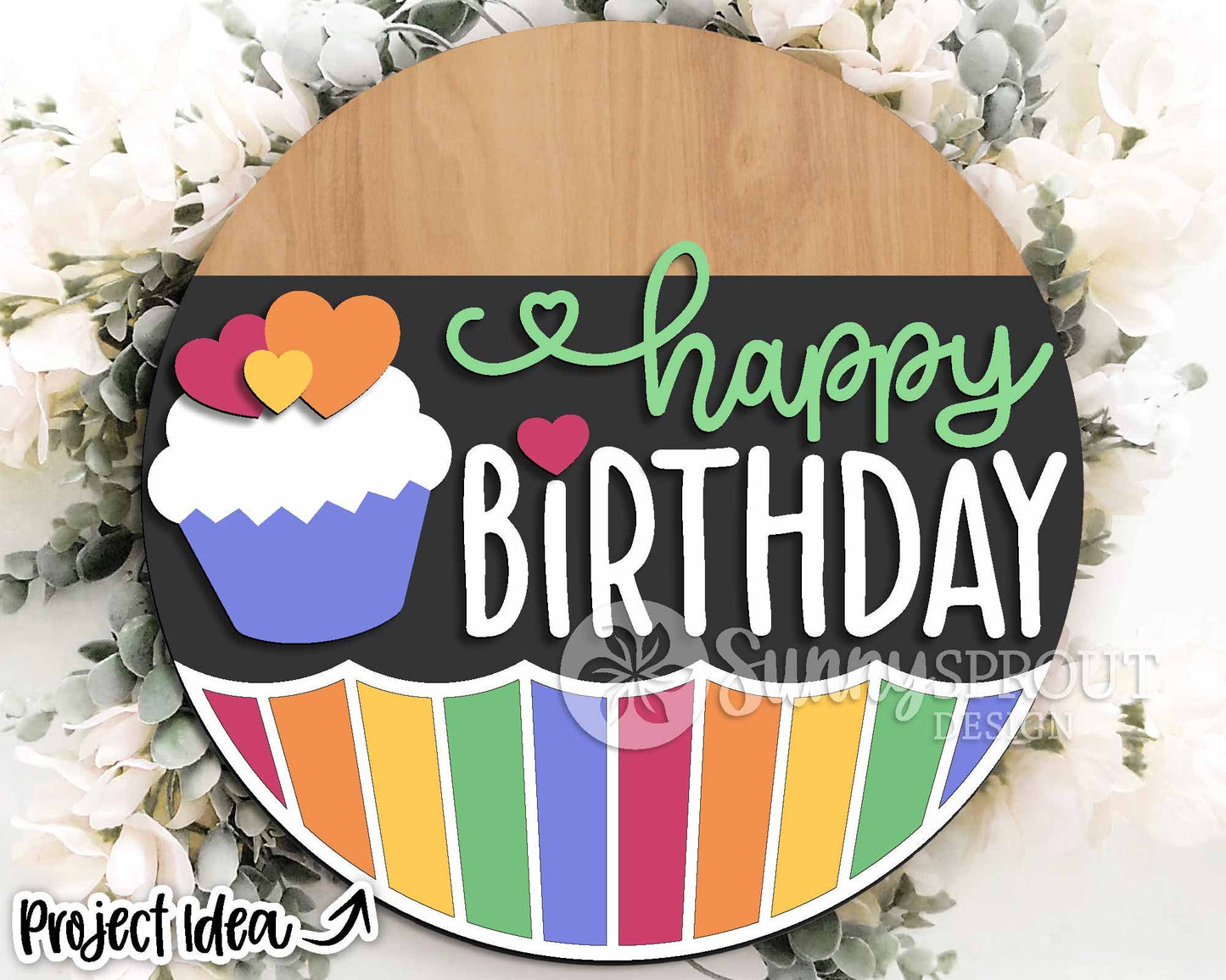 Happy Birthday Cupcake Sign, Digital Download, SVG Laser Cut File, Cricut, Round Party Door Hanger Design