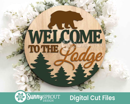 Welcome to The Lodge Sign, Digital download, SVG Laser cut file, Cricut, Round door hanger design, Cabin log home wall decor