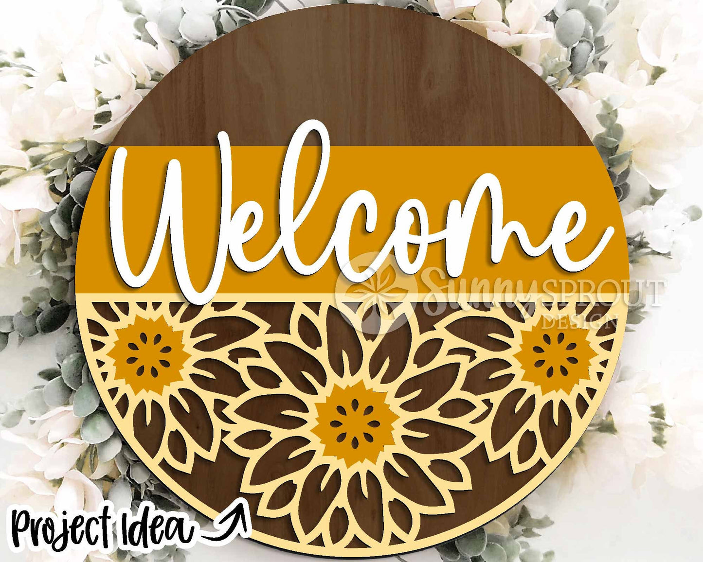 Sunflowers Laser Sign Bundle, Round door hanger svg, Glowforge laser file, Cricut cut file, Floral welcome sign svg