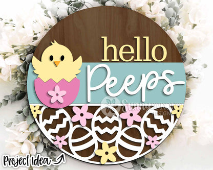 Hello Peeps Chick & Easter Egg Sign, Digital download, SVG Laser cut file, Cricut, Round door hanger design, Spring decor