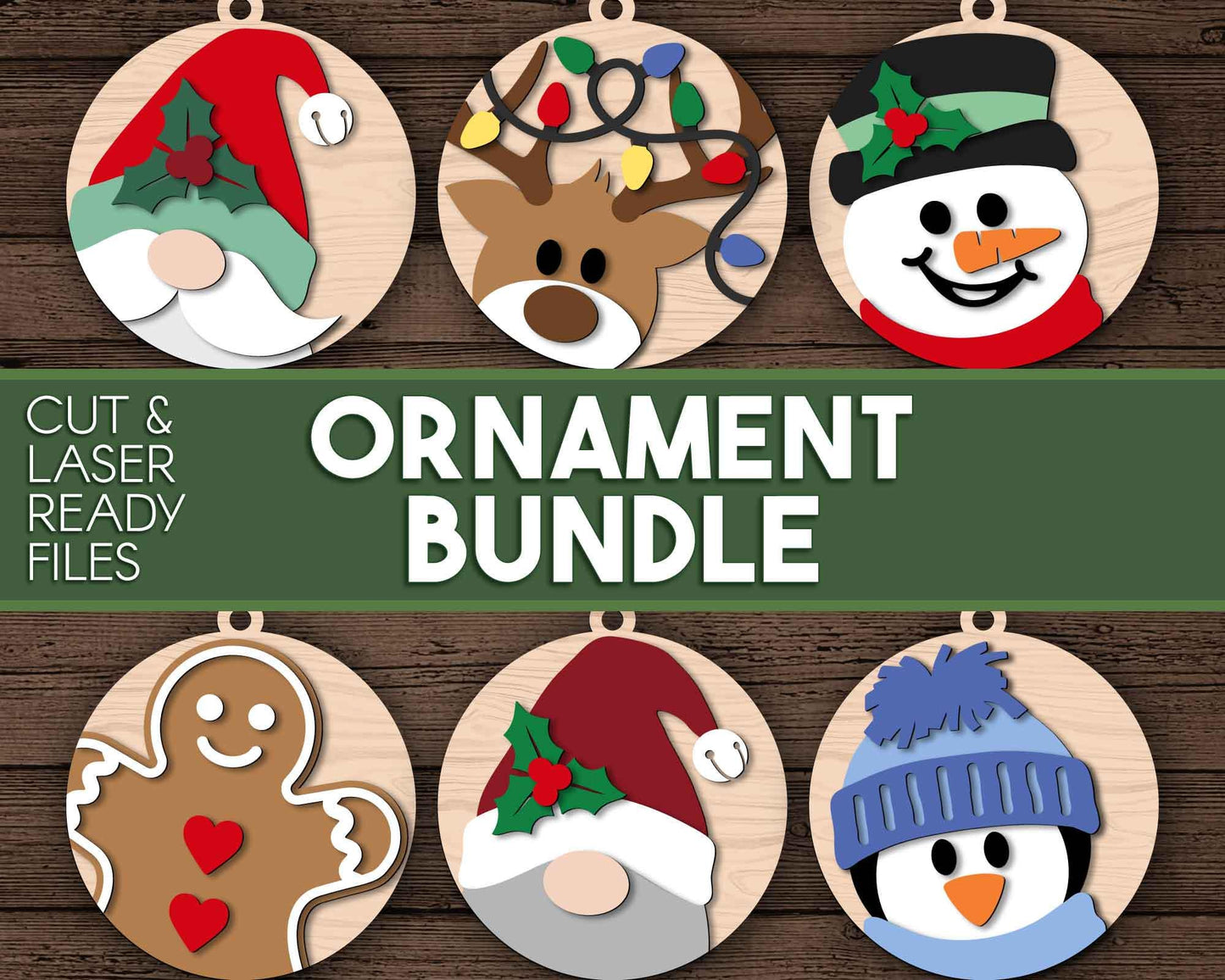Christmas Ornament Bundle, Digital download, SVG laser cut file, Cricut, Santa snowman reindeer design