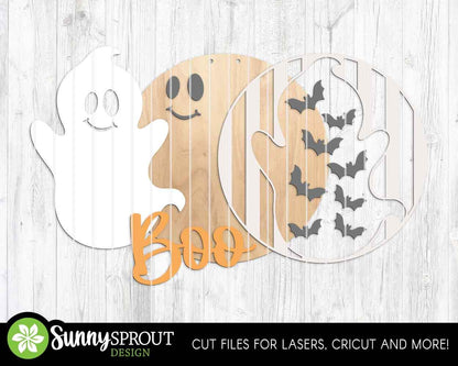 Boo Ghost Bats Stripe Pattern Sign, Digital Download, SVG Laser Cut File, Cricut, Round Halloween Welcome Door Hanger Design
