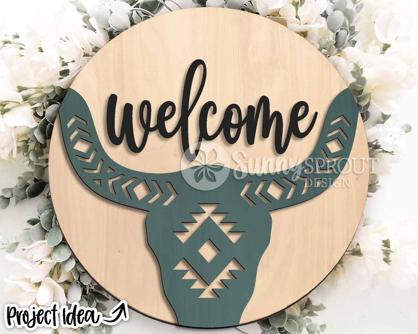 Welcome Aztec Cow Skull Sign, Digital Download, SVG Laser Cut File, Cricut, Southwestern Cowboy Round Door Hanger Design