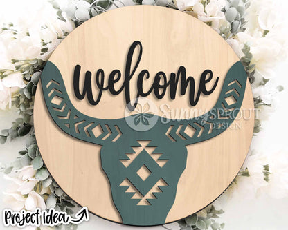 Welcome Aztec Cow Skull Sign, Digital Download, SVG Laser Cut File, Cricut, Southwestern Cowboy Round Door Hanger Design