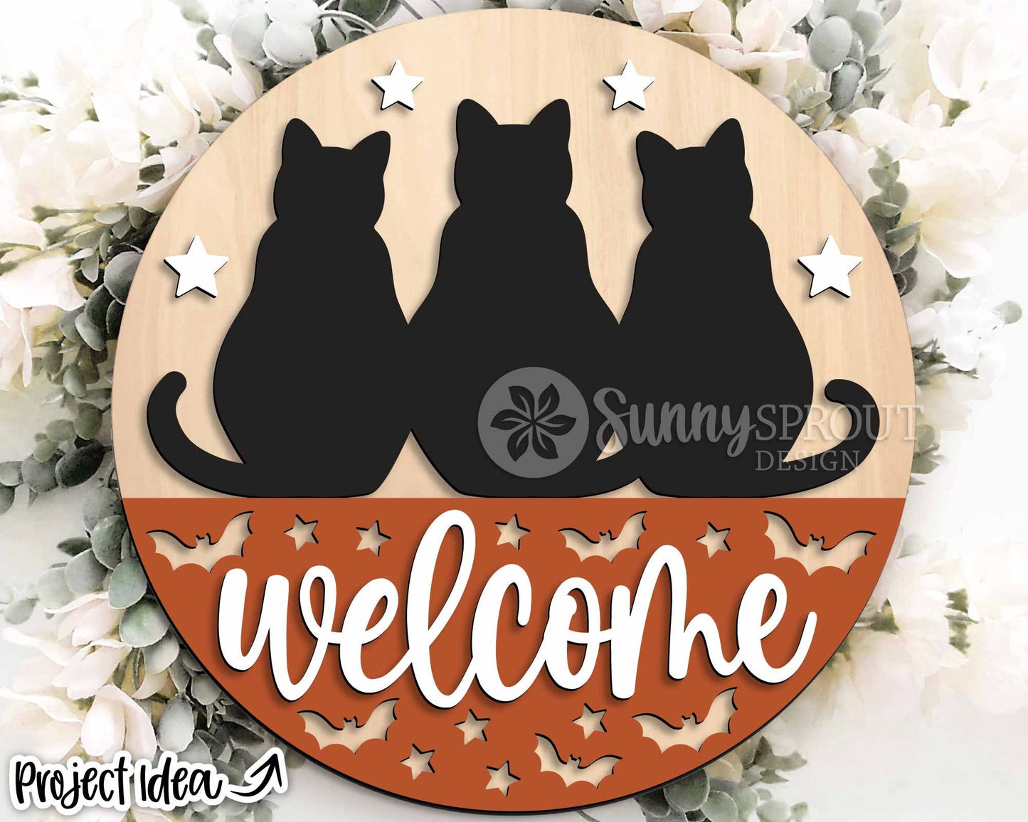 Welcome Three Black Cats Sign, Digital Download, SVG Laser Cut File, Cricut, Round Halloween Door Hanger Design