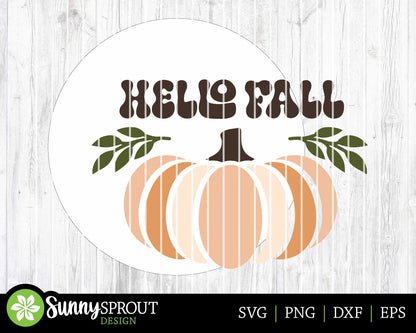 Hello Fall Retro Pumpkin Sign, Digital Download, SVG Laser Cut File, Cricut, Round Autumn Door Hanger Design