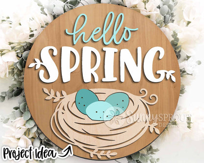 Hello Spring Robin Egg Nest Sign, Digital download, SVG Laser cut file, Cricut, Round door hanger design