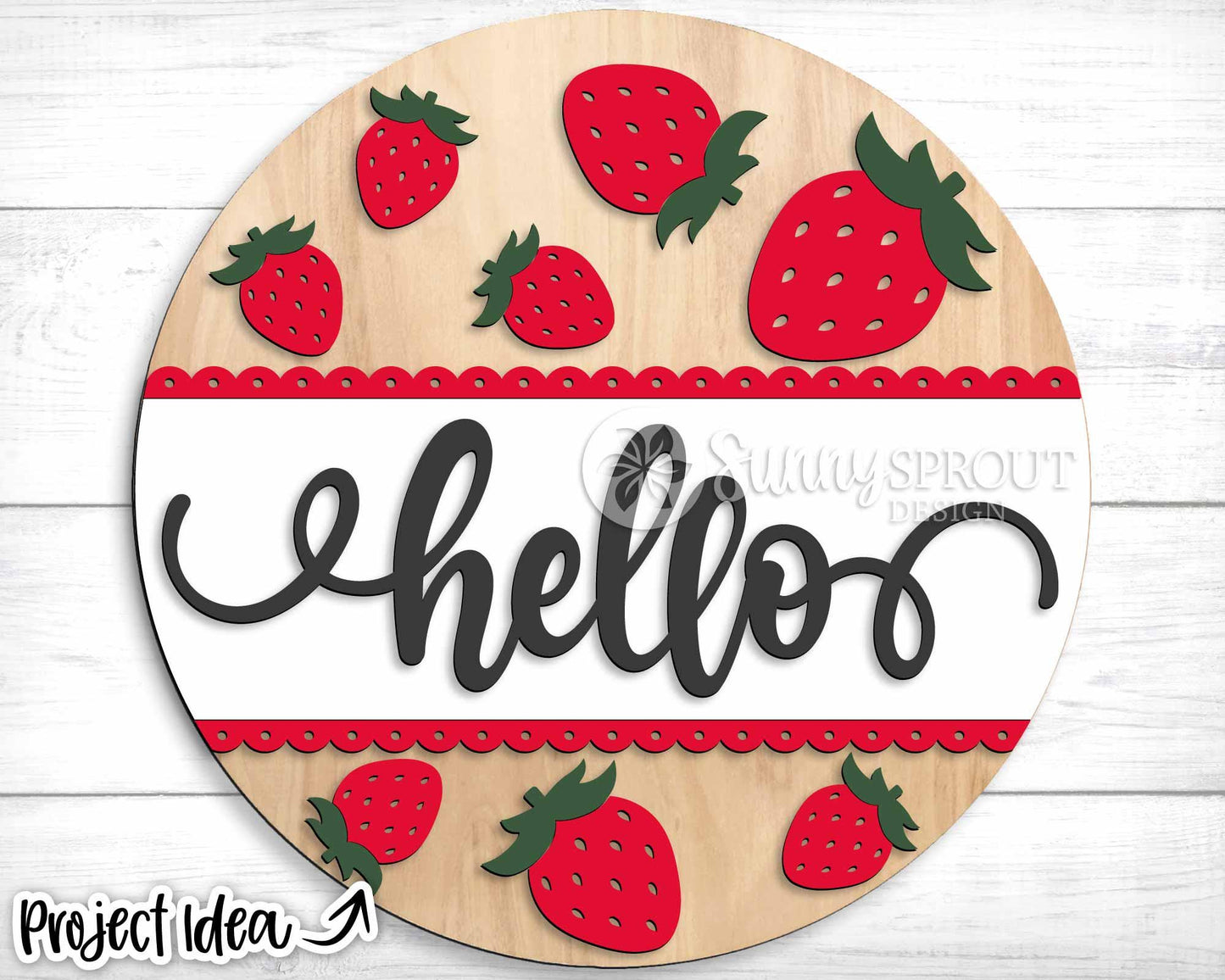 Hello Strawberry Sign, Digital Download, SVG Laser Cut File, Summer Round Door Hanger Design