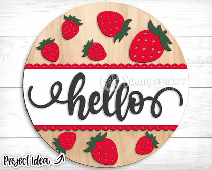 Hello Strawberry Sign, Digital Download, SVG Laser Cut File, Summer Round Door Hanger Design