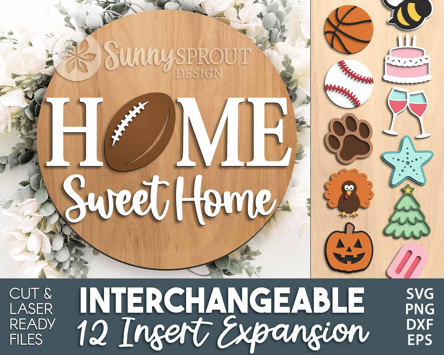 Home Sweet Home Interchangeable Graphics Sign, Digital Download, SVG Laser Cut File, Cricut, Seasonal Round Door Hanger Design