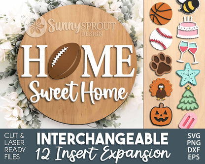 Home Sweet Home Interchangeable Graphics Sign, Digital Download, SVG Laser Cut File, Cricut, Seasonal Round Door Hanger Design