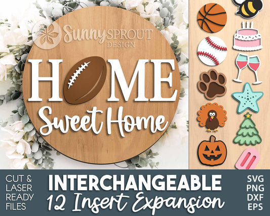 Home Sweet Home Interchangeable Graphics Sign, Digital Download, SVG Laser Cut File, Cricut, Seasonal Round Door Hanger Design