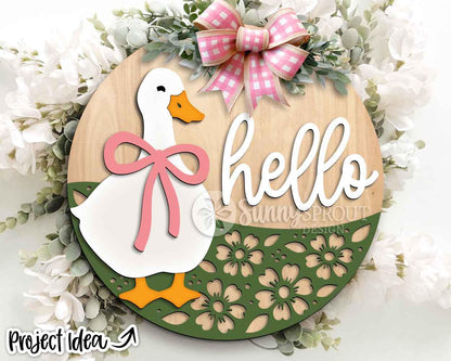 Hello Goose with Bow and Flowers Sign, Digital download, SVG Laser cut file, Cricut, Round door hanger design, Spring decor