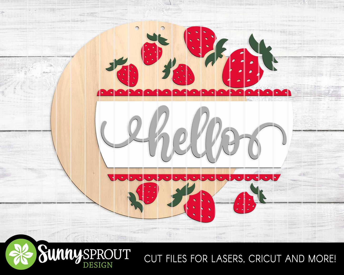 Hello Strawberry Sign, Digital Download, SVG Laser Cut File, Summer Round Door Hanger Design