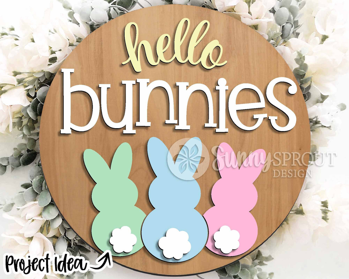 Hello Bunnies Tail Sign, Digital download, SVG laser cut file, Cricut, Round door hanger design, Spring Easter decor