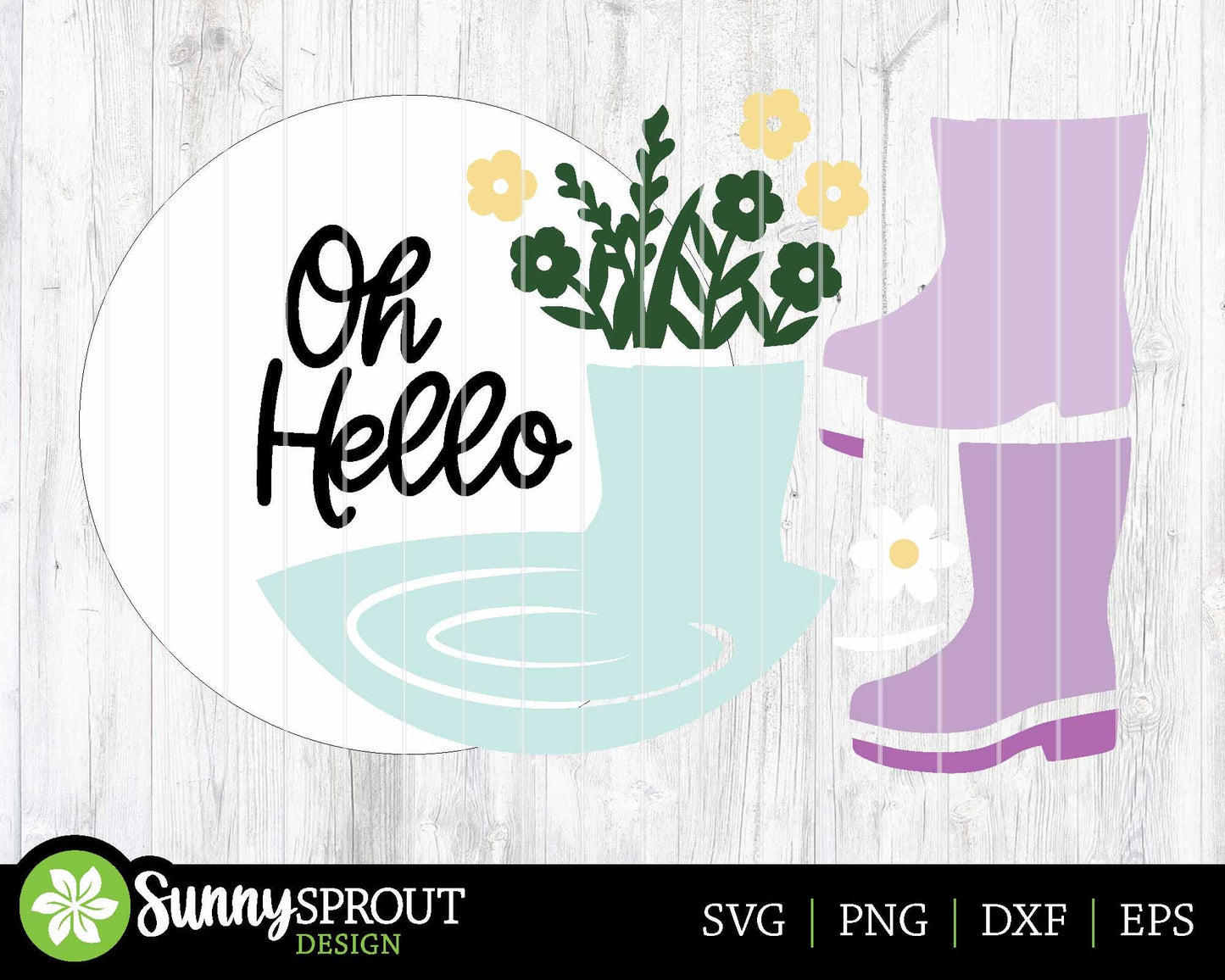Oh Hello Rain Boots Flowers Sign, Digital download, SVG Laser cut file, Cricut, Round door hanger design, Spring decor