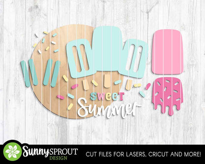 Sweet Summer Popsicle Sign, Digital Download, SVG Laser Cut File, Cricut, Round Welcome Door Hanger Design, Ice Cream Decor