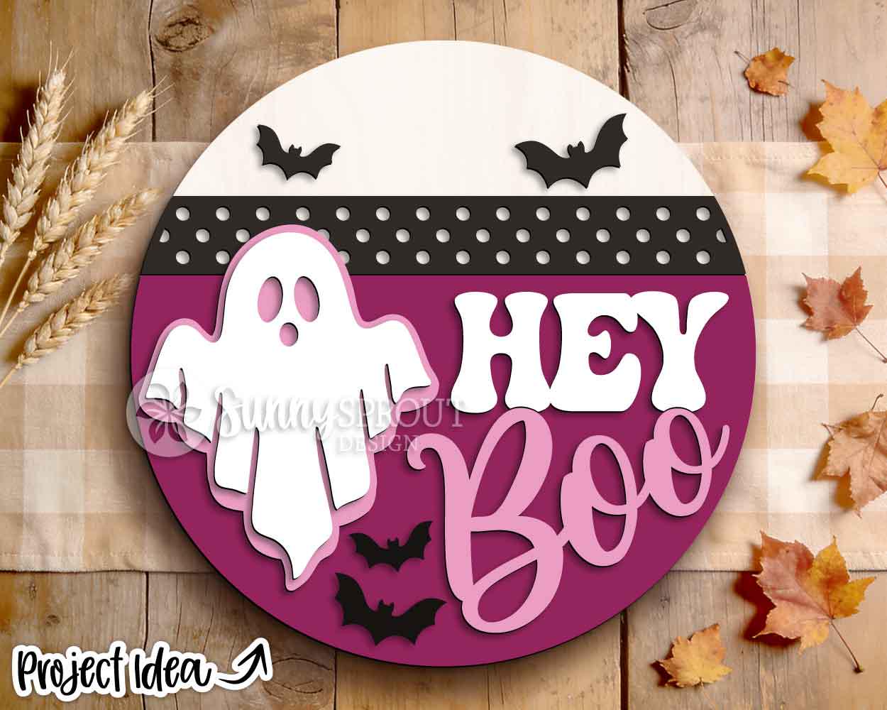 Hey Boo Polka Dot Sign, Digital Download, SVG Laser Cut File, Cricut, Round Halloween Welcome Door Hanger Design