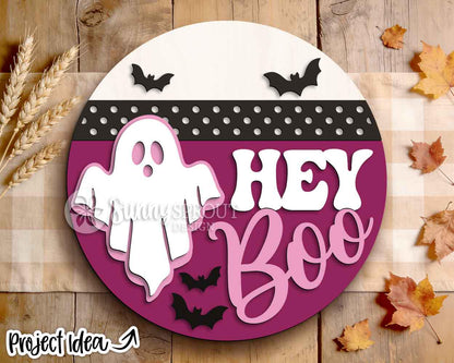 Hey Boo Polka Dot Sign, Digital Download, SVG Laser Cut File, Cricut, Round Halloween Welcome Door Hanger Design
