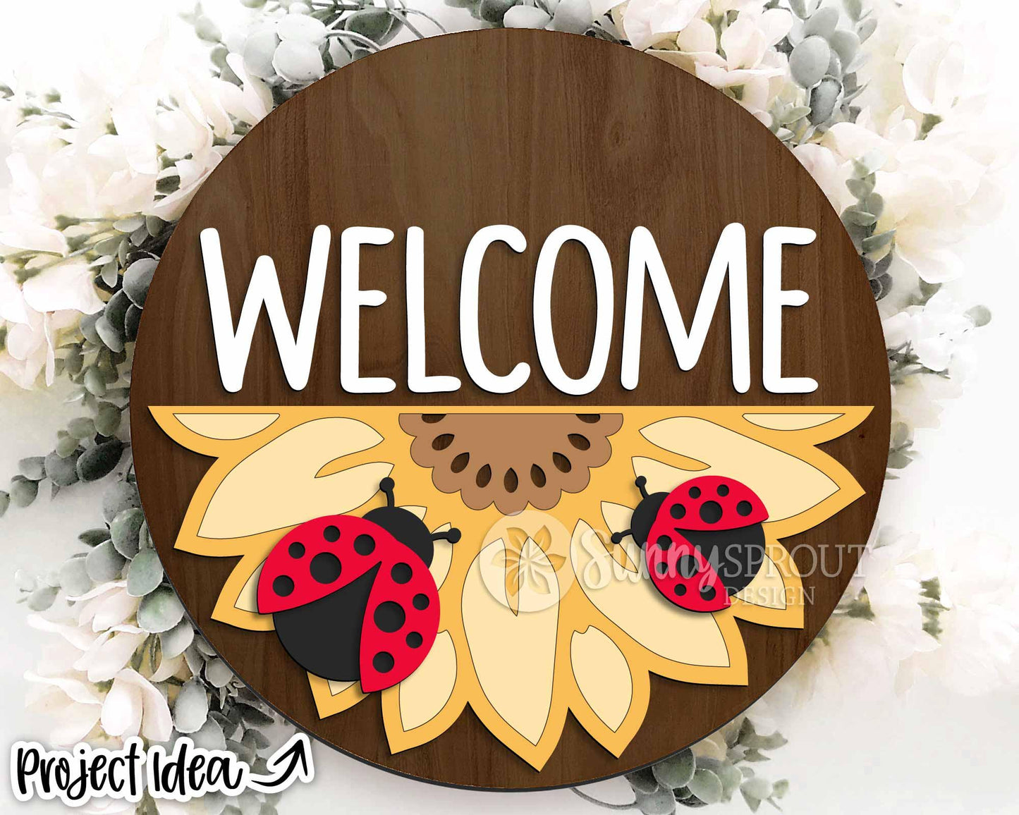 Welcome Ladybug Sunflower Sign, Digital Download, SVG Laser Cut File, Cricut, Summer Fall Round Door Hanger Design