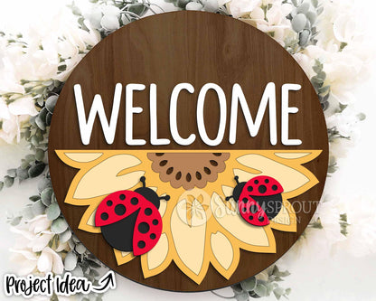 Welcome Ladybug Sunflower Sign, Digital Download, SVG Laser Cut File, Cricut, Summer Fall Round Door Hanger Design
