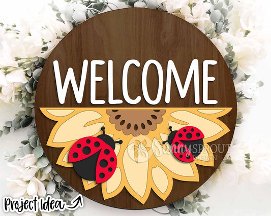 Welcome Ladybug Sunflower Sign, Digital Download, SVG Laser Cut File, Cricut, Summer Fall Round Door Hanger Design