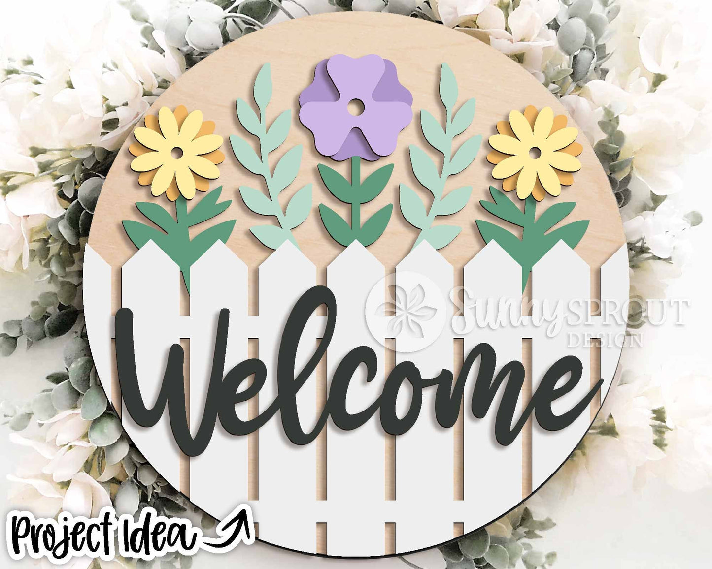 Welcome Fence Flowers Sign, Digital download, SVG Laser cut file, Cricut, Round door hanger design, Spring summer decor