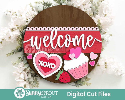 Welcome Valentine Things Heart Cupcake Sign, Digital Download, SVG Laser Cut File, Cricut, Round Door Hanger Design, Valentine's Day Decor