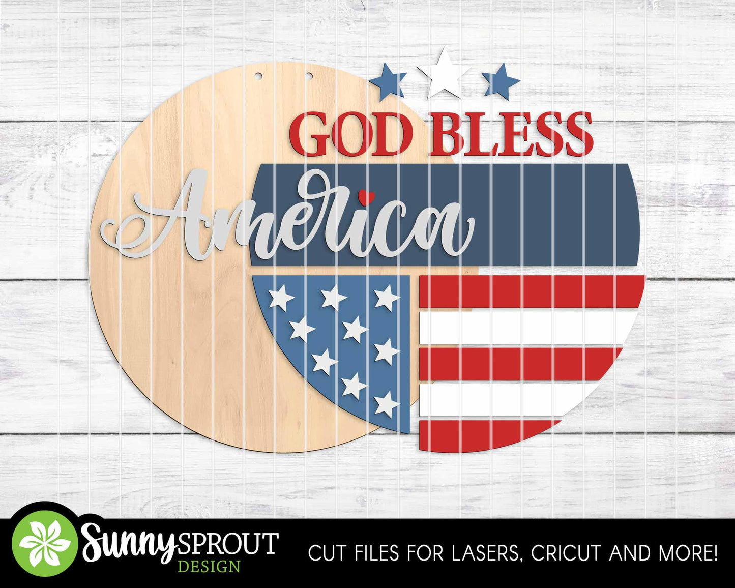 God Bless America Flag Sign, Digital Download, SVG Laser Cut File, Cricut, Round Door Hanger Design, Patriotic 4th of July Decor