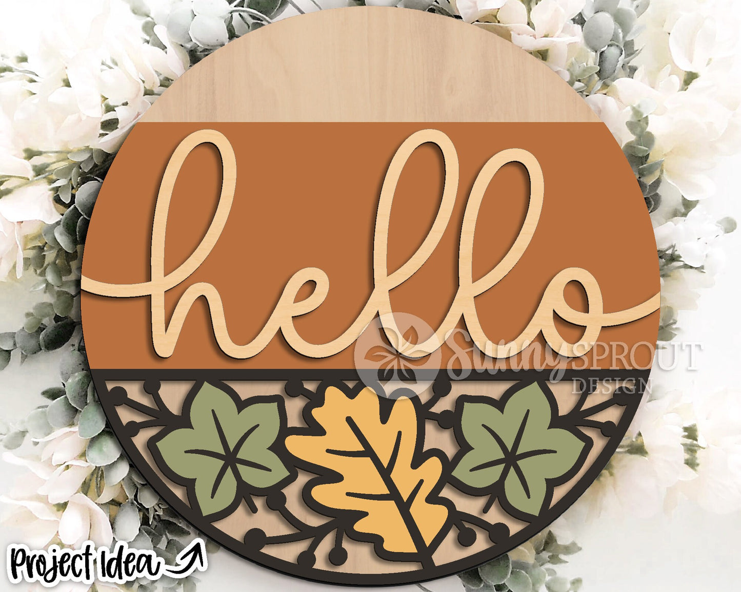 Hello Leaf Pattern Bottom Sign, Digital Download, SVG Laser Cut File, Cricut, Round Fall Door Hanger Design