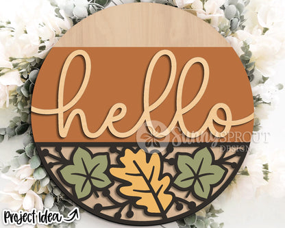 Hello Leaf Pattern Bottom Sign, Digital Download, SVG Laser Cut File, Cricut, Round Fall Door Hanger Design