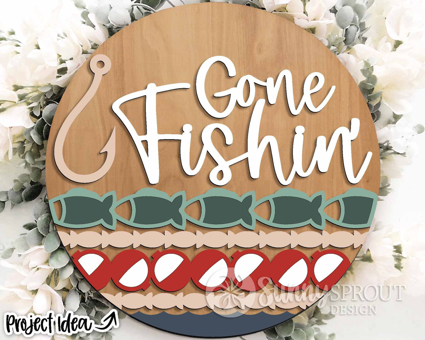 Gone Fishin' Hook Sign, Digital download, SVG Laser cut file, Cricut, Round door hanger design, Lake house cabin decor, Fishing SVG