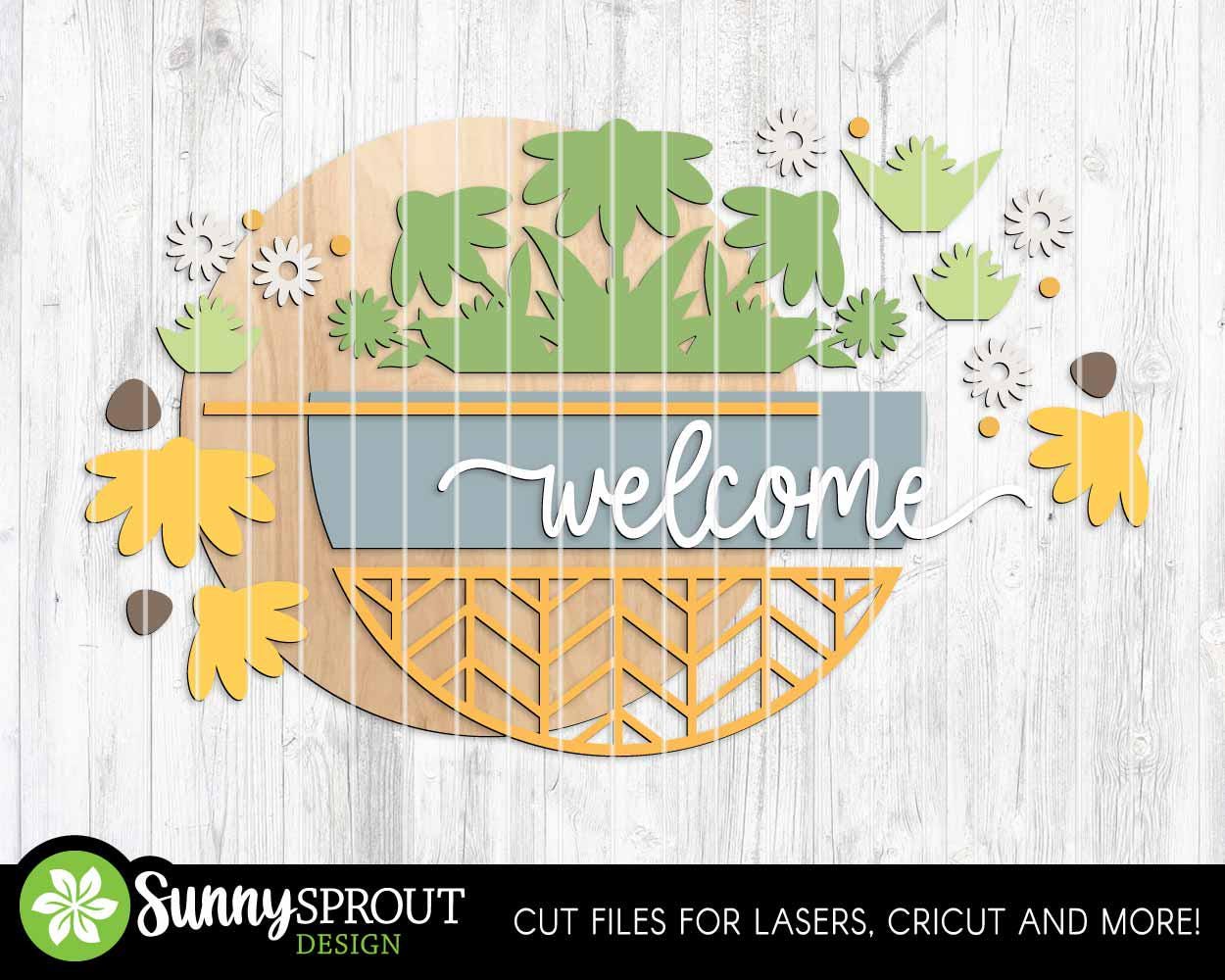 Welcome Geometric Floral Sign, Digital Download, SVG Laser Cut File, Cricut, Spring Summer Fall Round Door Hanger Design
