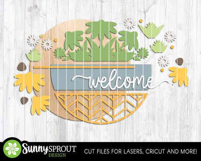 Welcome Geometric Floral Sign, Digital Download, SVG Laser Cut File, Cricut, Spring Summer Fall Round Door Hanger Design