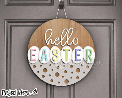 Hello Easter Eggs Polka Dot Sign, Digital download, SVG Laser cut file, Cricut, Round door hanger design