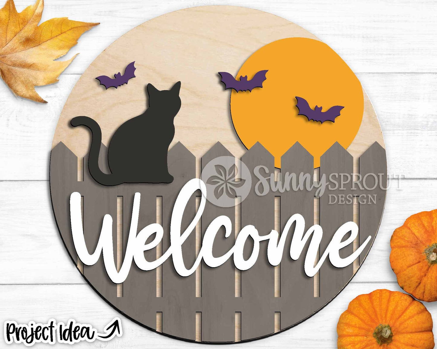 Welcome Fence Cat Moon Sign, Digital Download, SVG Laser Cut File, Cricut, Round Halloween Door Hanger Design
